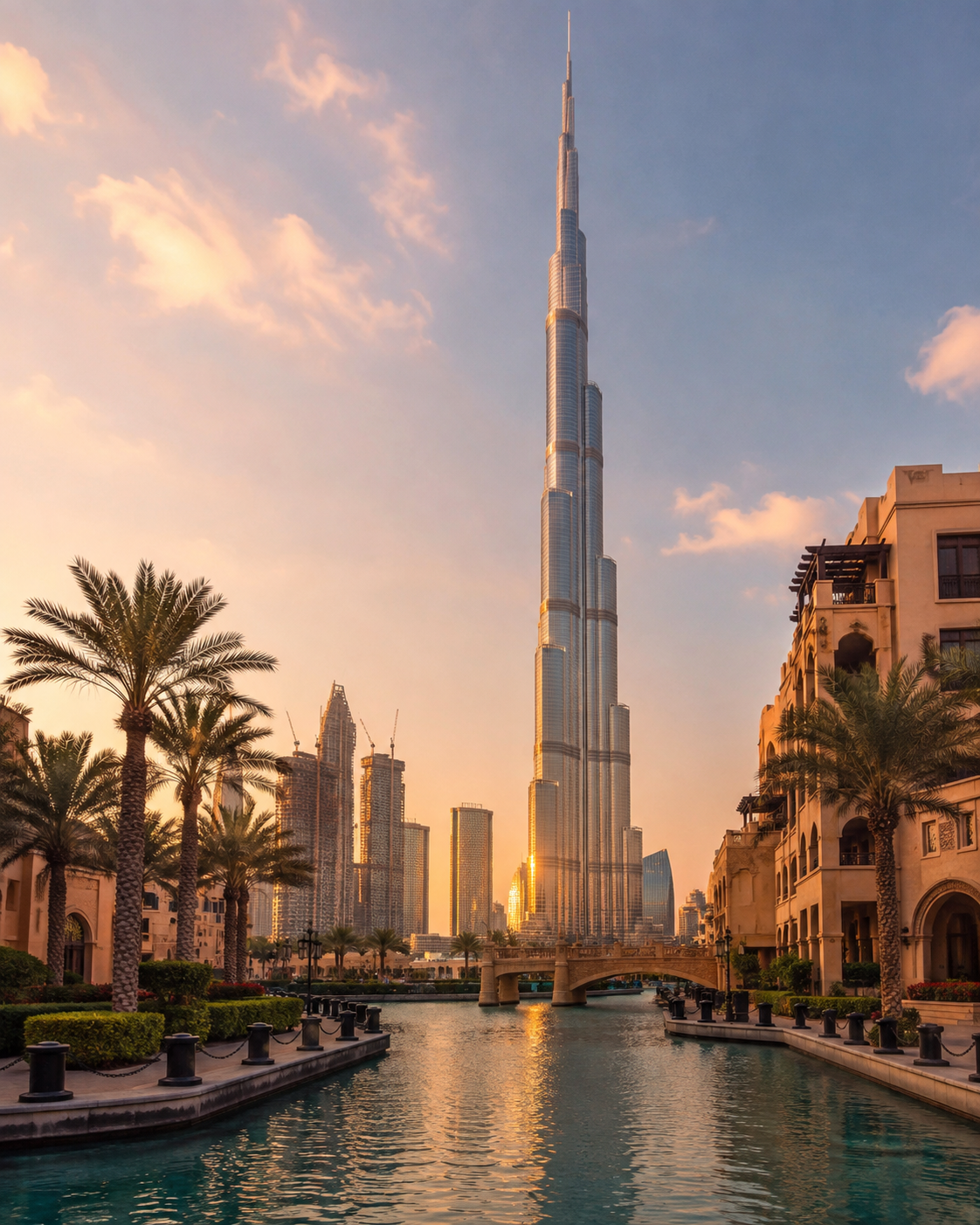 Burj Khalifa and Dubai skyline at golden hour