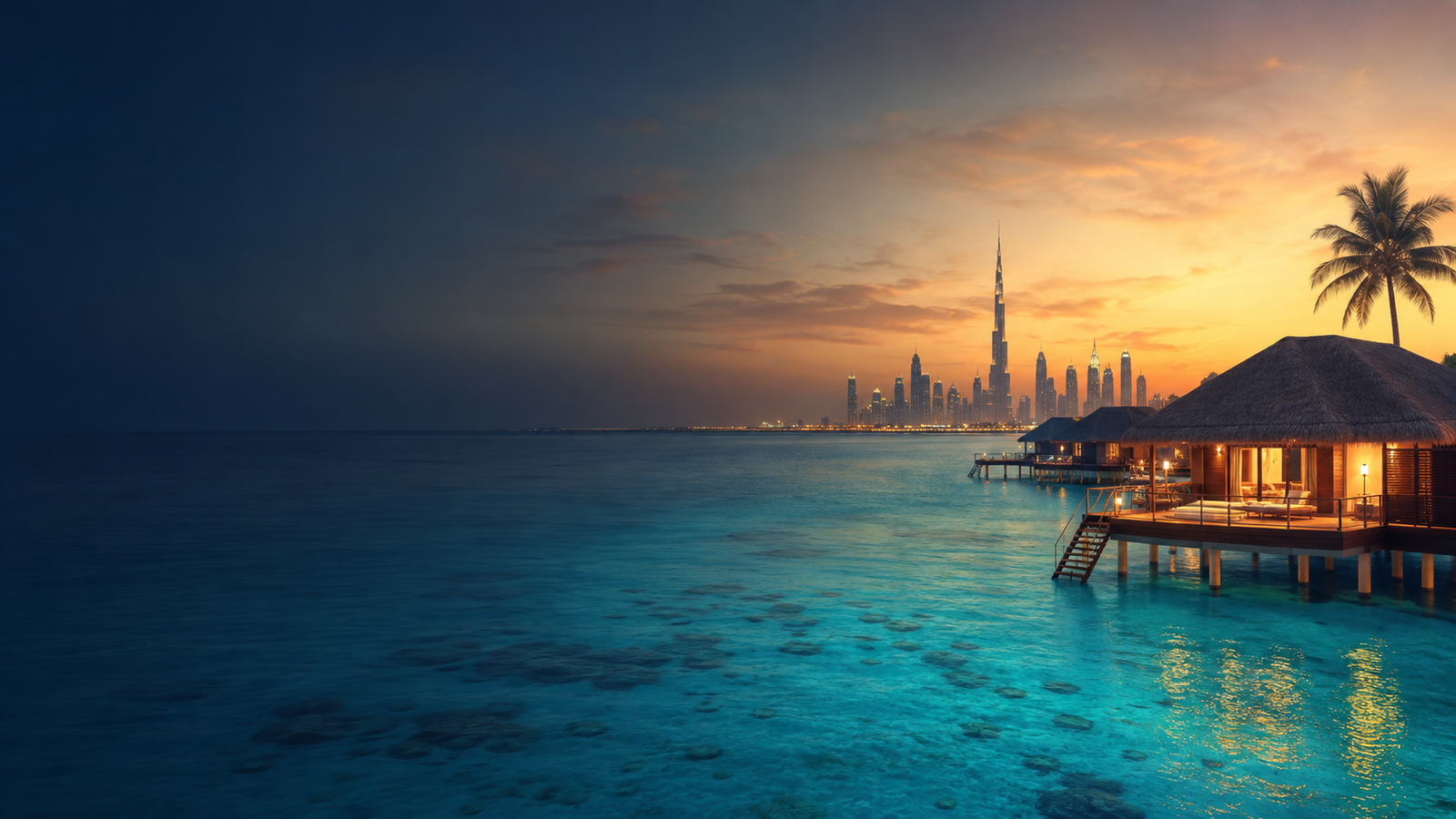 Luxury travel scene with turquoise water, tropical villas and skyline at sunset